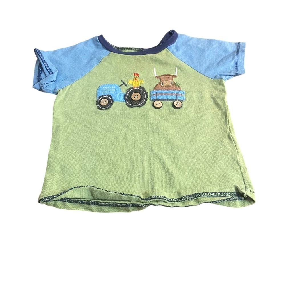 Mud Pie green tractor animal embroidered short sleeve shirt SIZE 12-18M
